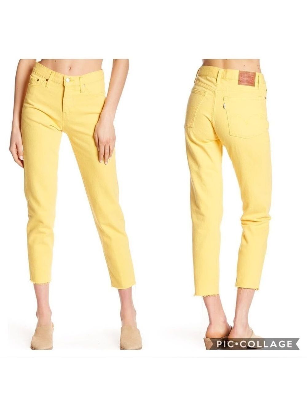 Levi's Wedgie Fit high-rise tapered jeans with a raw cropped hem in yellow